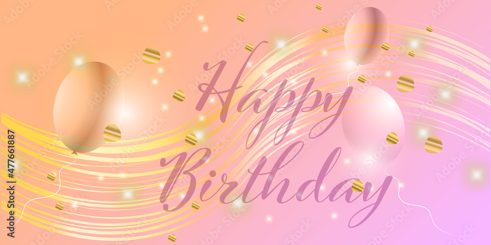 Happy birthday lettering, glowing effects and bokeh with gold garlands and confetti. Glamorous glitter style, colorful background for birthday design for invitation or flyer. Abstract defocused magic. Happy birthday lettering, glowing effects and bokeh with gold garlands and confetti. Glamorous glitter style, colorful background for birthday design for invitation or flyer. Abstract defocused magic.