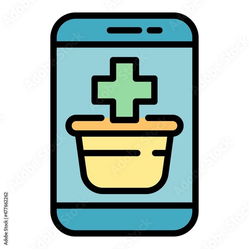 Pharmacy store phone icon. Outline pharmacy store phone vector icon color flat isolated