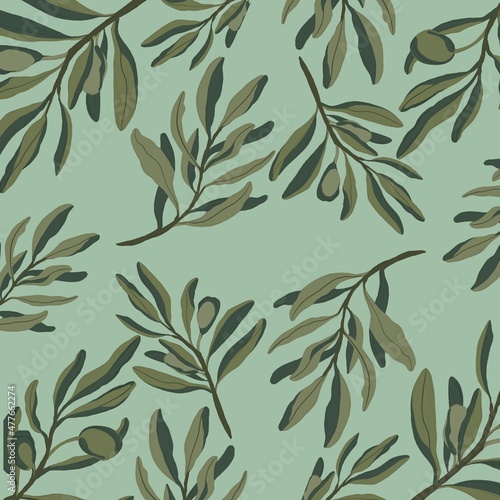 Vegetable pattern with the image of an olive branch. Print in shades of green on a light background. Idea for textiles, wallpaper, curtains. Can also be used to print on postcards.