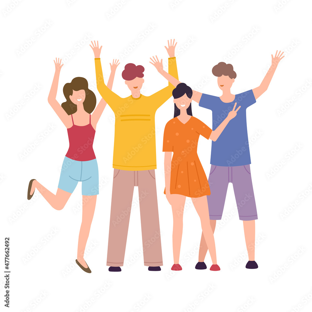 Naklejka premium Group of cheerful young people standing together waving and greeting. Happy team concept. Vector illustration