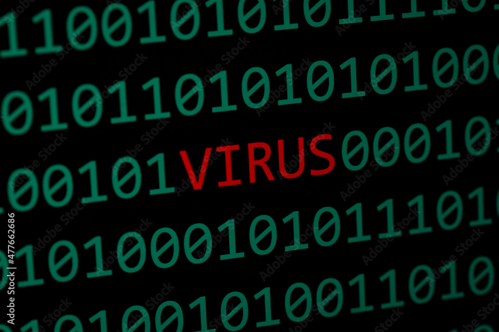 the word Virus and Binary codes on screen - Internet security concept for virus the word Virus and Binary codes on screen - Internet security concept for virus