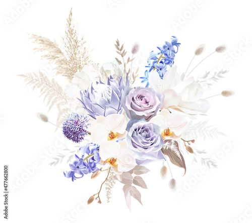 Fototapeta Naklejka Na Ścianę i Meble -  Pale purple rose, dusty mauve and lilac hyacinth, allium, white magnolia, orchid, lagurus