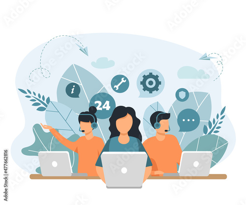 Vector illustration, customer service, hotline operator advises customer, online global technical support 24/7, customer and operator vector	
