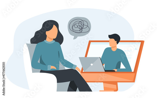 Doctor and patient discussing mental tangled rope, using computer for distance talk. Woman consulting psychologist online. Vector illustration for counseling, therapy, psychology, support concept.	
