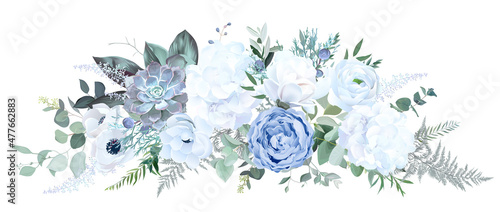 Fotografie, Obraz Dusty blue rose, white hydrangea, ranunculus, magnolia, anemone, succulent