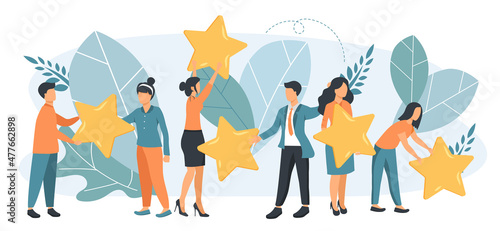 Concept of feedback, testimonials messages and notifications. Rating on customer service illustration. Five big stars with people sitting on them and giving reviews on their lap tops. Flat vector	
