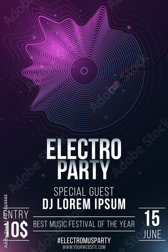 Electro party poster. Retro musical plate made of glowing abstract wavy shapes. Night dance invitation. Music disco. Flyer for your event. Club and DJ name. Vector