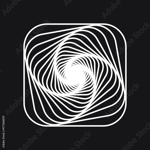 Abstract white spirograph rotates solid middle square logo on black background. Vector illustration.