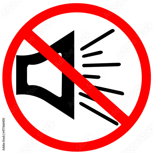 loudspeaker, megaphone, noise, music, sound prohibited, megaphone sound announce not allowed warning background. Black megaphone in red road sign icon isolated on white background.