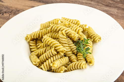 Italian pasta Fusilli with pesto