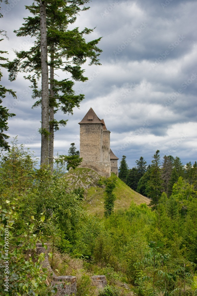 The photo was taken in the middle of summer 2021. It shows views of the medieval castle Kašperk. This castle stands in the middle of the Sumava Mountains. The photo was taken in the middle of summer 2021. It shows views of the medieval castle Kašperk. This castle stands in the middle of the Sumava Mountains.