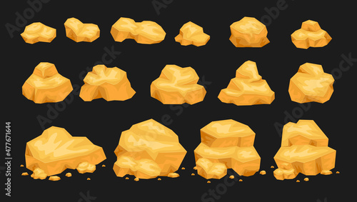 Set of isolated gold mine nuggets and rocks. Natural gems, golden mines elements. 3d gaming rocks, natural gemstones isolated on black.