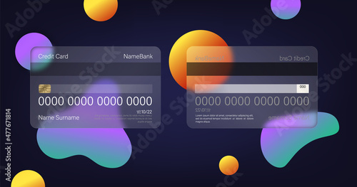 Realistic credit card mockup in glassmorphism style with blur. Realistic glass morphism effect with set of transparent glass plates