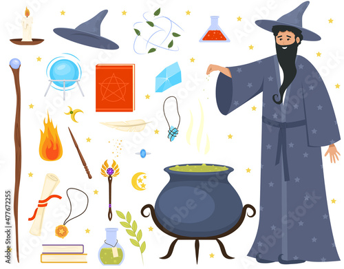 Set of magician tools and male wizard character. Magic witch set for concept design. Wizard with magic attributes on white background