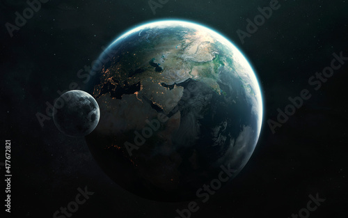 Africa  Europe  Asia. Planet Earth and Moon view from space. Elements of image provided by Nasa