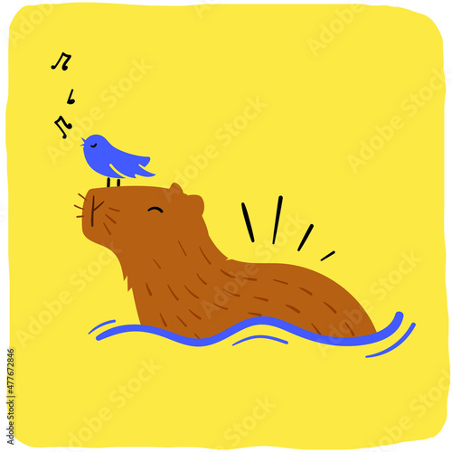 Brazilian capybara with singing bird hand drawing vector photo