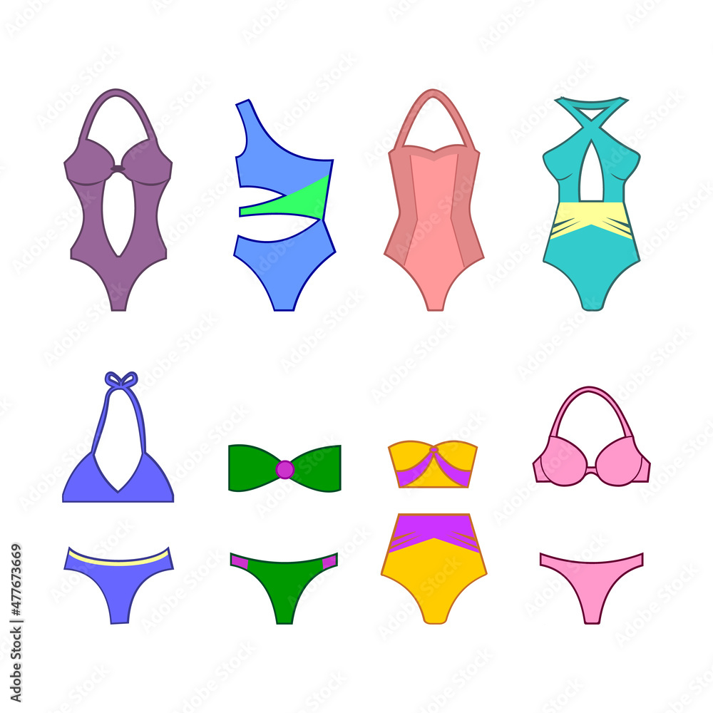 Set of women swimsuit isolated on white background. Swimwear bikini swimwear. Vector illustration