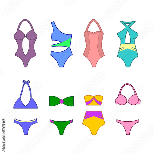 Set of women swimsuit isolated on white background. Swimwear bikini swimwear. Vector illustration