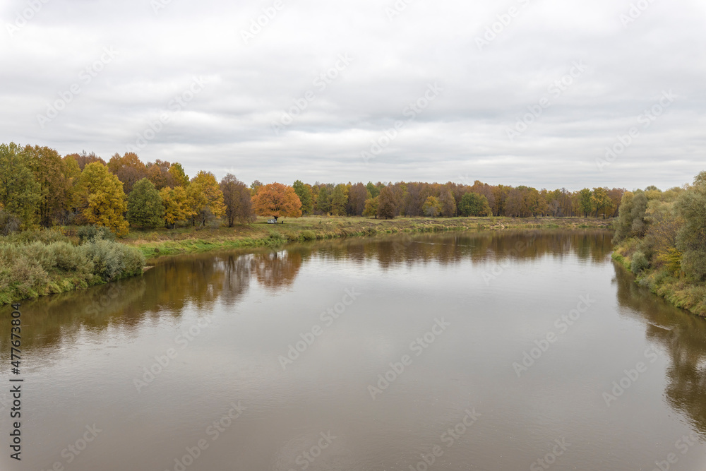 Fototapeta premium Autumn landscape with a river. Cloudy autumn day by the river. View of the river with trees and bushes on the bank. Bright colors of autumn on a cloudy day.