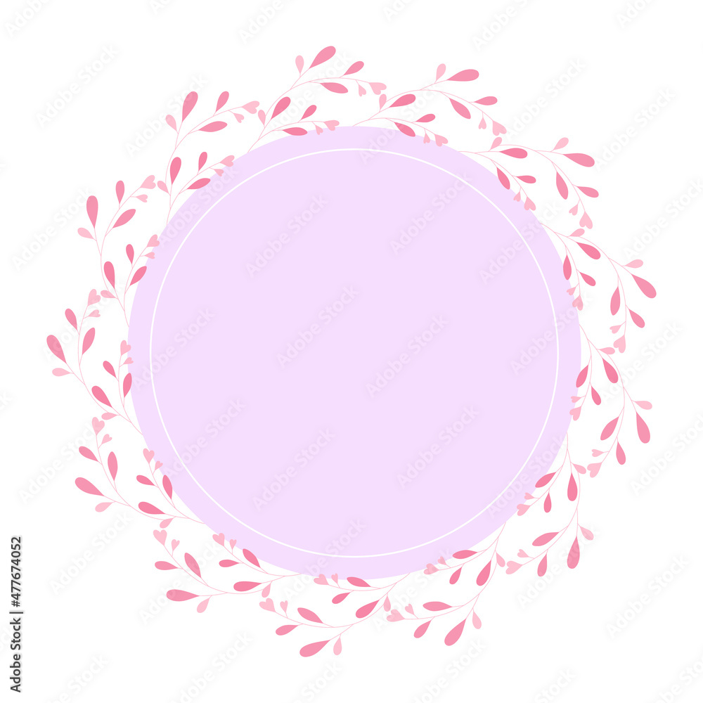 Vector illustration of twigs with leaves and hearts. Round frame from leaves and hearts for your text isolated on white background. Frame for Valentine's Day cards