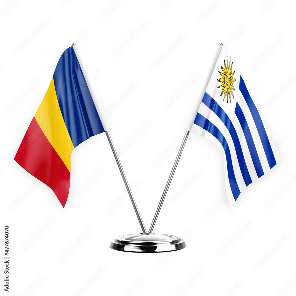Two table flags isolated on white background 3d illustration, romania and uruguay