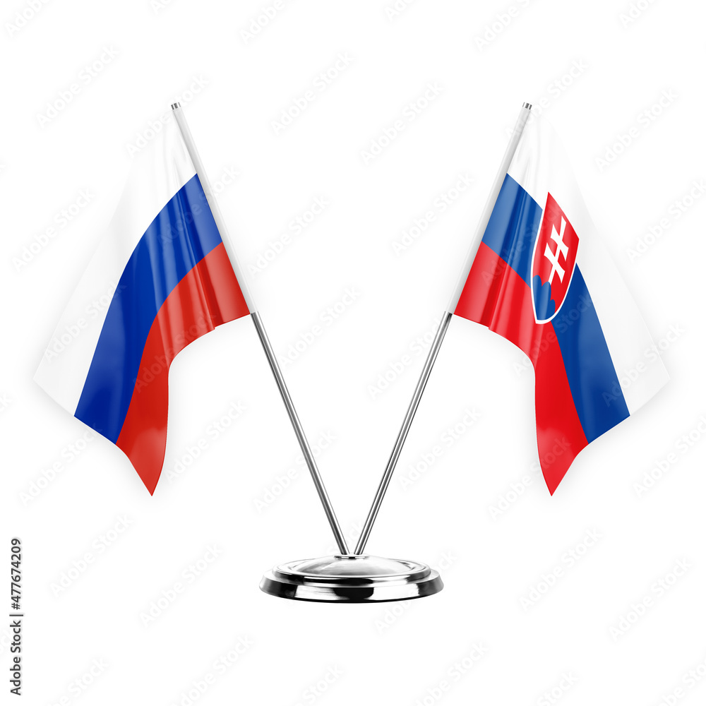 Two table flags isolated on white background 3d illustration, russia and slovakia