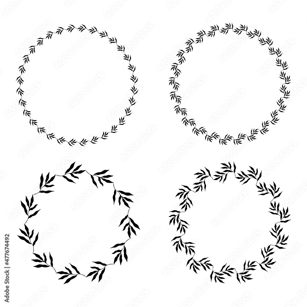 Illustration of collection of assorted circle shaped black frames made of plants on white isolated background Illustration of collection of assorted circle shaped black frames made of plants on white isolated background