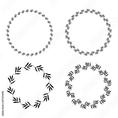 Illustration of collection of assorted circle shaped black frames made of plants on white isolated background