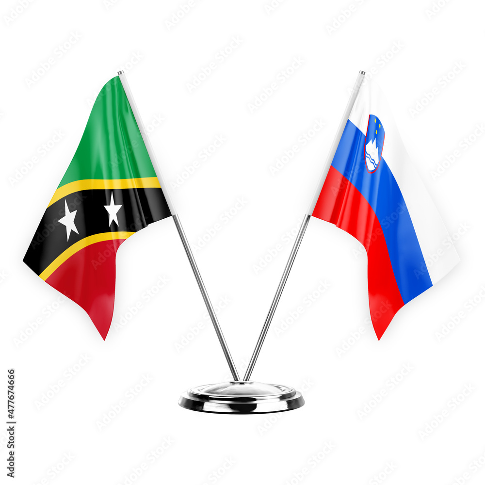 Two table flags isolated on white background 3d illustration, saint kitts and venis and slovenia Two table flags isolated on white background 3d illustration, saint kitts and venis and slovenia