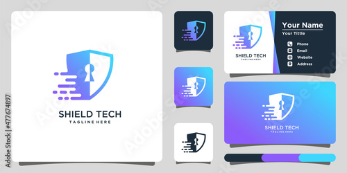 Shield tech logo design, gradient with bussines card. Premium Vector