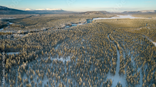 Tableau sur toile Aerial view of snowy winter forest with black river