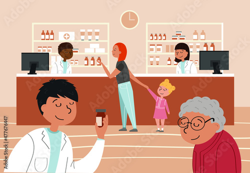 Pharmacy concept. An illustration of people of different age and skin color consulting with pharmacist. Medical store interior.