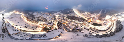 Obraz na płótnie Flight over the ski resort at night, 360 degree panorama. w salonie
