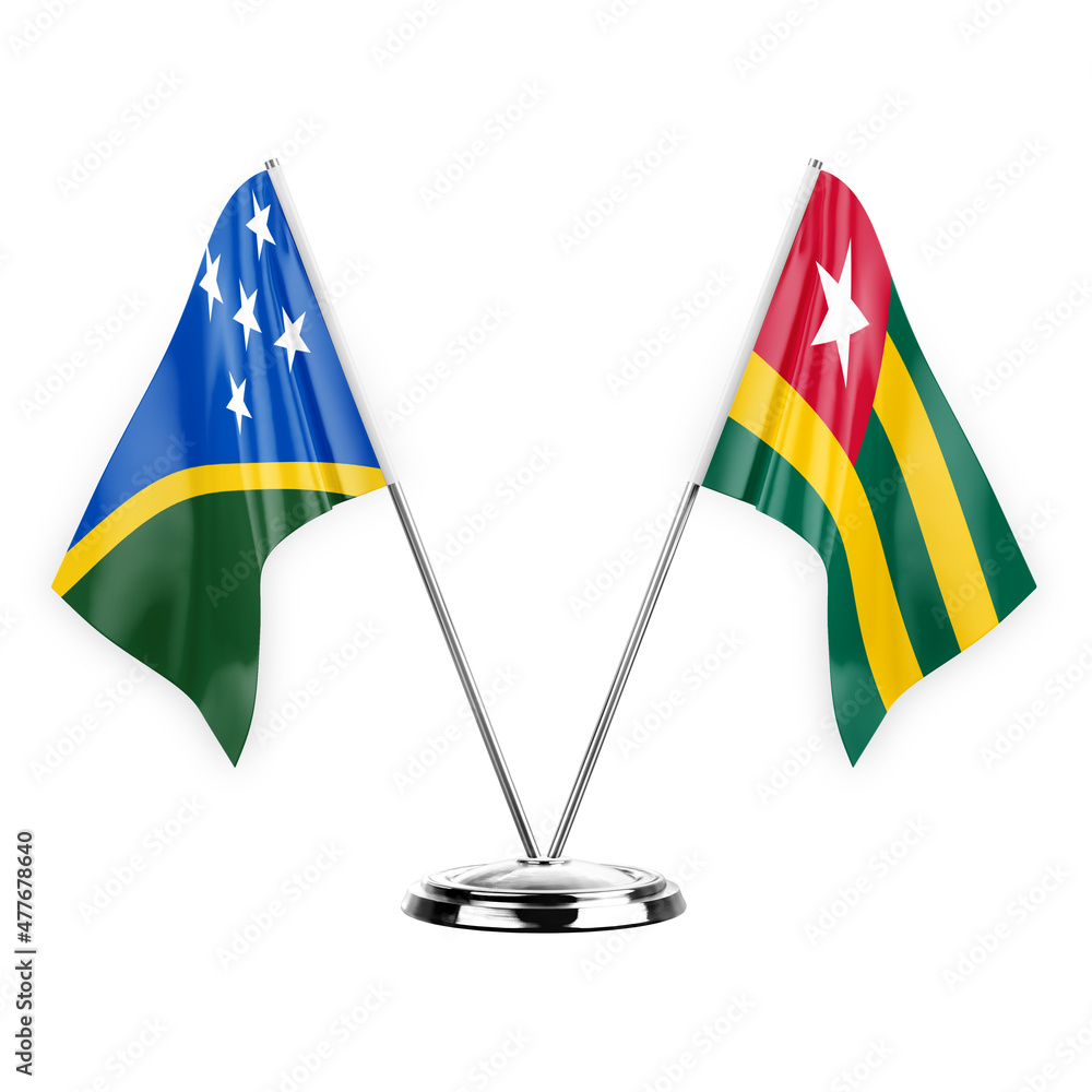 Two table flags isolated on white background 3d illustration, solomon islands and togo