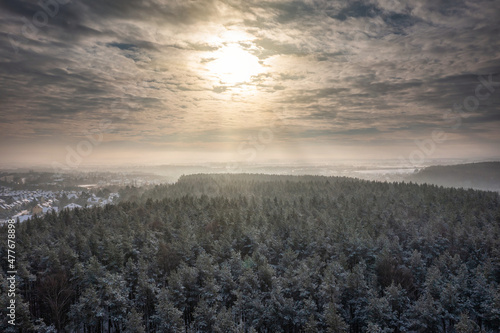 Aerial landscape of the snowy forest at winter, Poland. © Patryk Kosmider