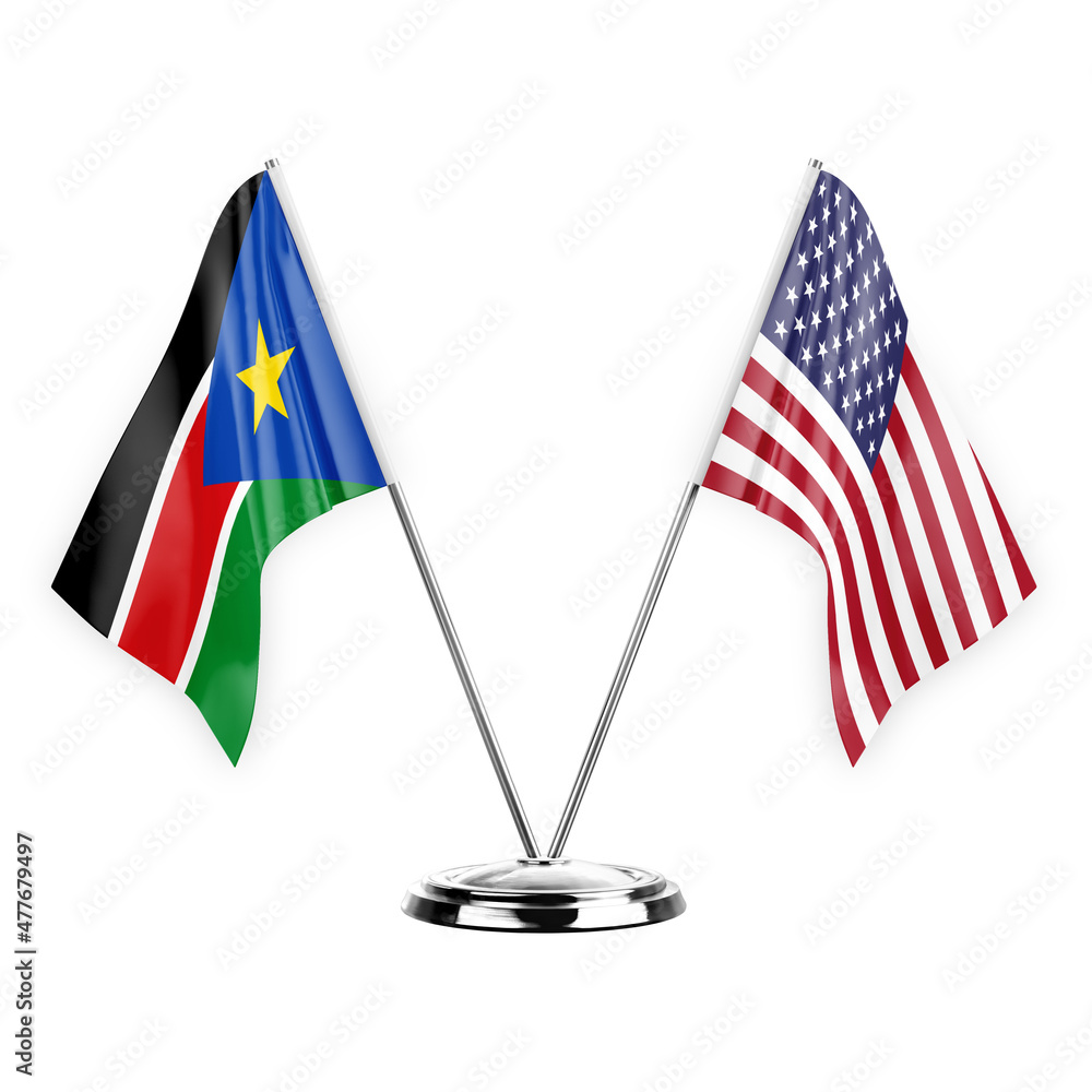 Two table flags isolated on white background 3d illustration, south sudan and usa