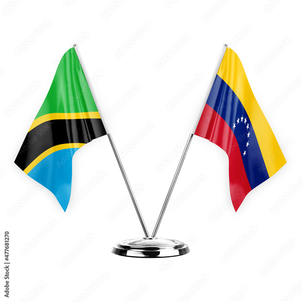 Two table flags isolated on white background 3d illustration, tanzania and venezuela Two table flags isolated on white background 3d illustration, tanzania and venezuela