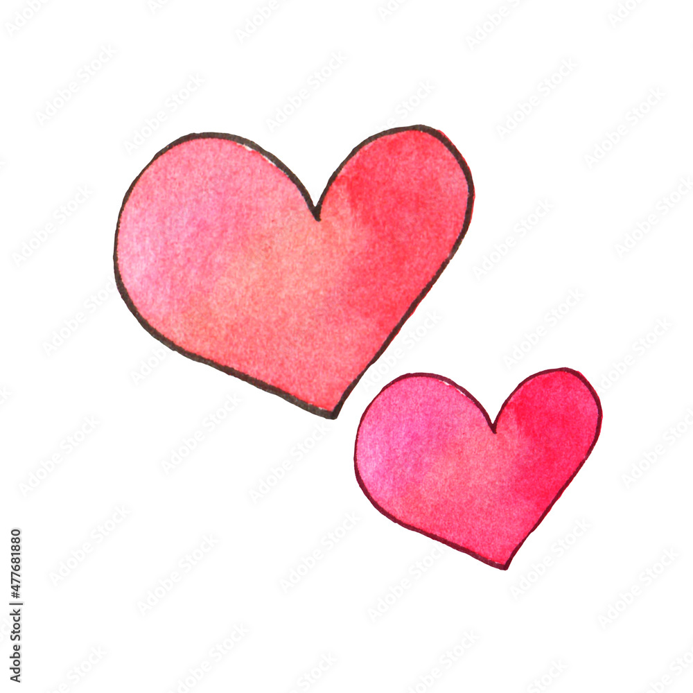 Watercolor illustrations of two hearts, gentle color transition of red, clear outline