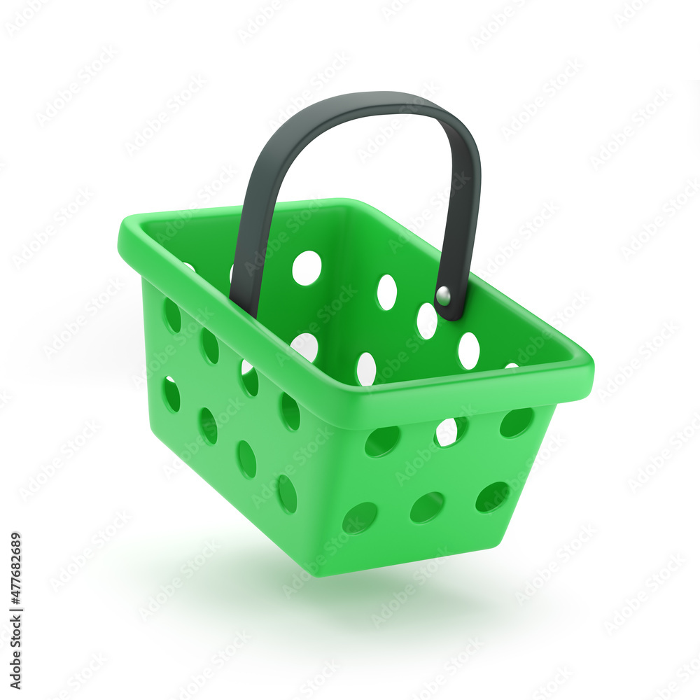 Shopping basket. Green plastic grocery or food cart in cartoon style, isolated on white. 3d rendering. Shopping basket. Green plastic grocery or food cart in cartoon style, isolated on white. 3d rendering.