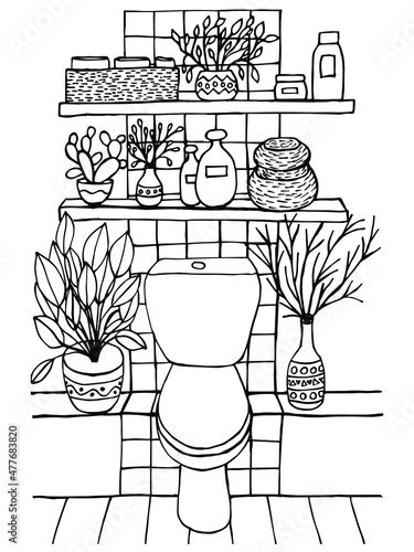 Toilet colouring page. Cute hand drawn toilet colouring page for children and adults. Vector coloring book. Toilet, bathroom, lavatory. Cozy home decor. House plants, shelves with bottles, vases.