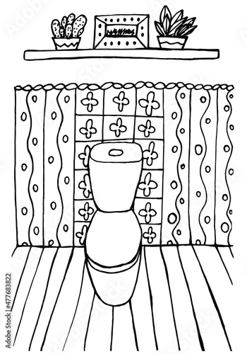 Cozy toilet colouring page. Bathroom interior design with toilet, decorating tile, shelf with plants and picture. Coloring book for children and adults.