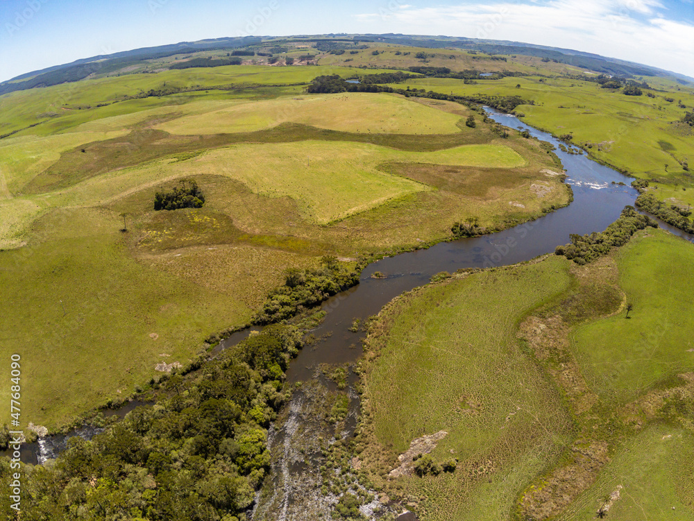 Aerial view of river and fields Aerial view of river and fields