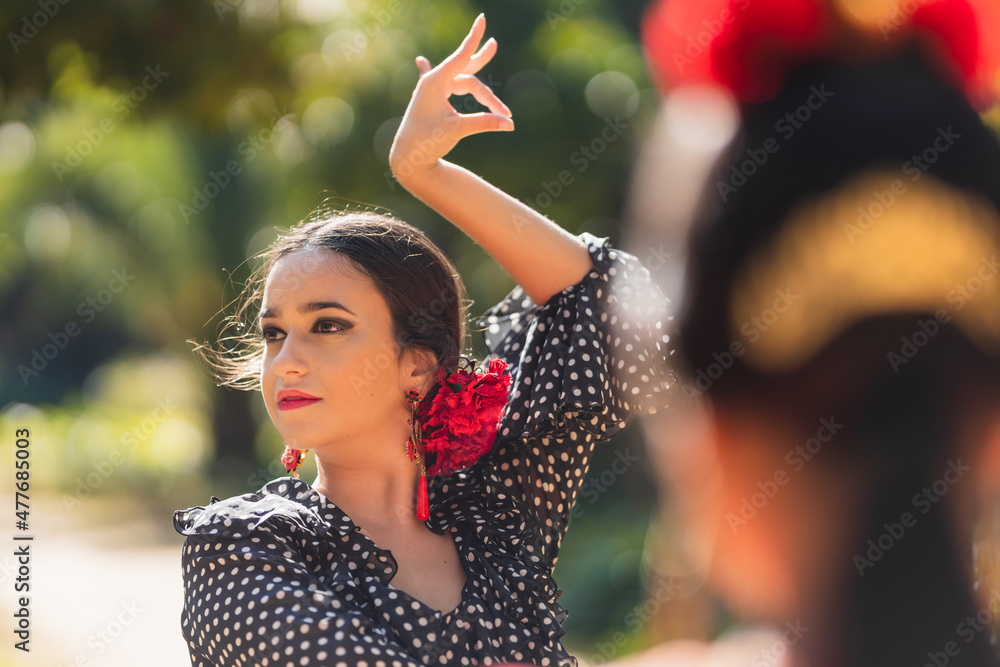 Fototapeta premium Selective focus on a beauty hispanic woman dancing flamenco in a park