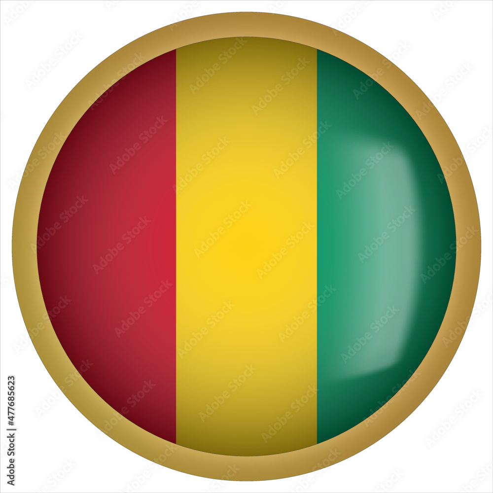 Guinea 3D rounded Flag Button Icon with Gold Frame