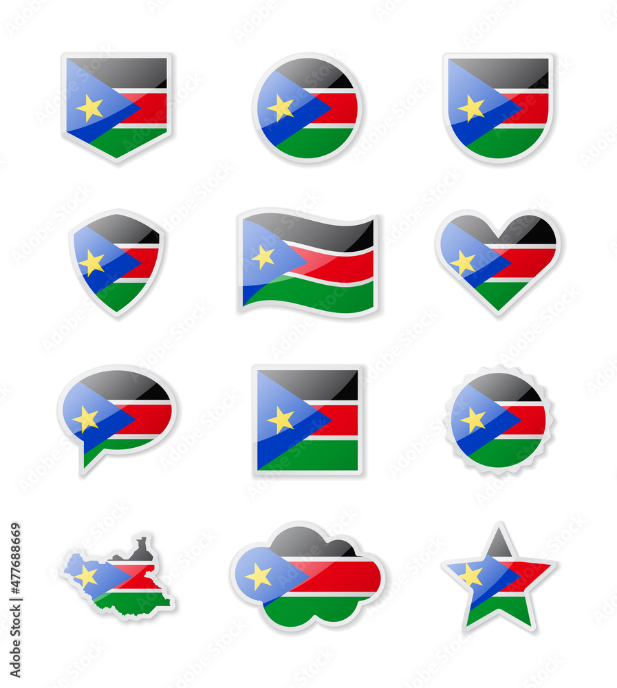 South Sudan - set of country flags in the form of stickers of various shapes. South Sudan - set of country flags in the form of stickers of various shapes.