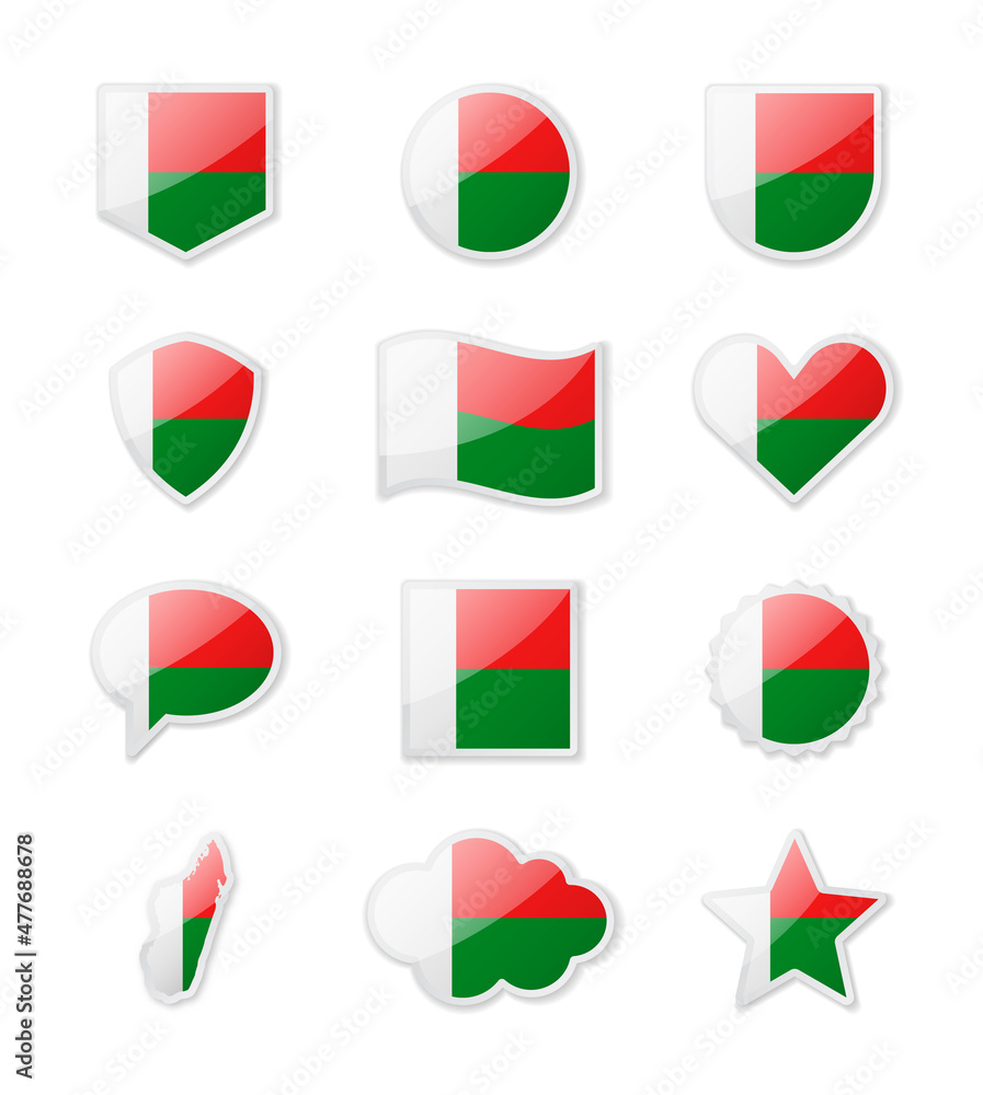 Madagascar - set of country flags in the form of stickers of various shapes. Madagascar - set of country flags in the form of stickers of various shapes.