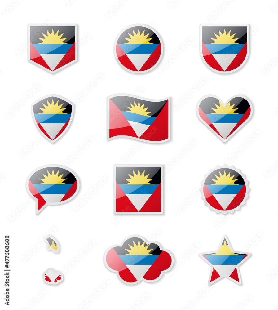 Antigua and Barbuda - set of country flags in the form of stickers of various shapes. Antigua and Barbuda - set of country flags in the form of stickers of various shapes.