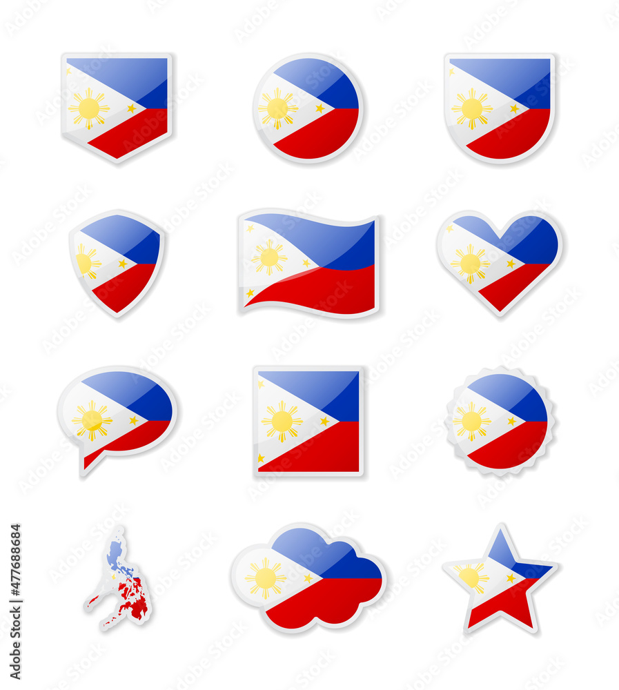 Philippines - set of country flags in the form of stickers of various shapes. Philippines - set of country flags in the form of stickers of various shapes.