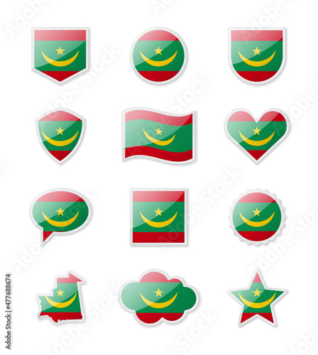 Mauritania - set of country flags in the form of stickers of various shapes.