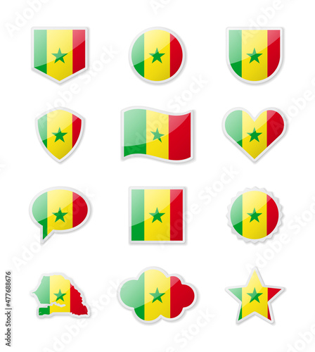 Senegal - set of country flags in the form of stickers of various shapes.